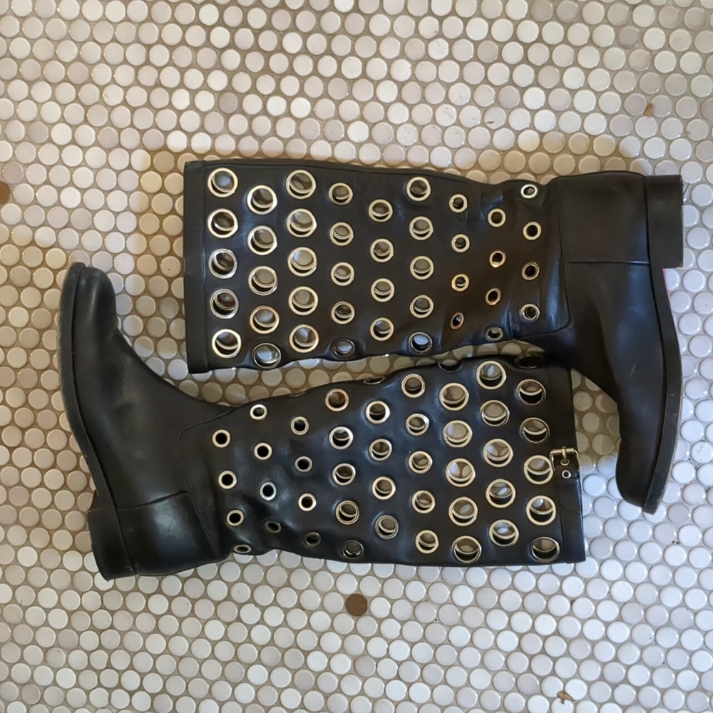 Louboutin Apollobotta Red-Sole Flat Grommet riding moto Boot black sz 40 9.5